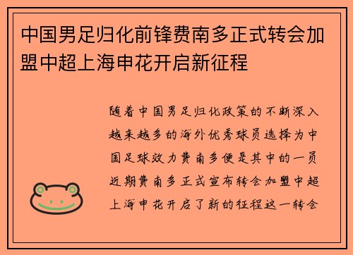 中国男足归化前锋费南多正式转会加盟中超上海申花开启新征程