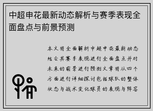 中超申花最新动态解析与赛季表现全面盘点与前景预测